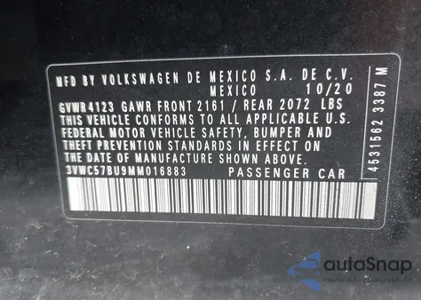 2021 Volkswagen Jetta 1.4T R-Line/1.4T S/1.4T Se from USA, damaged, VIN 3VWC57BU9MM016883